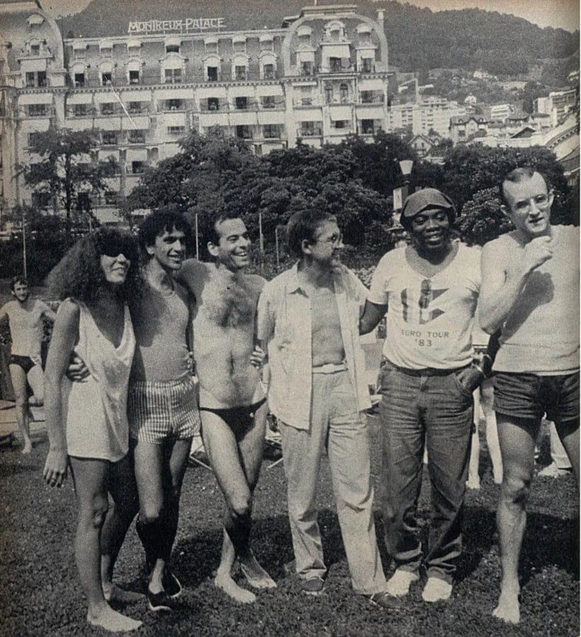 Dans les jardins du Montreux Palace : Elba Ramalho, Caetano Veloso, Ney Matogrosso, Claude Nobs, Milton Nascimento et Keith Haring.