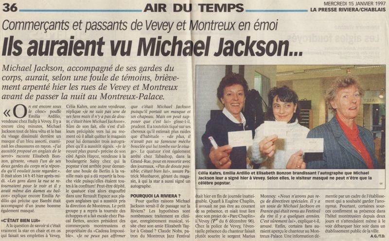 La page du 15 janvier 1997 : « Ils auraient vu Michael Jackson… ». Célia Kahrs, Emilia Ardilio et Elisabeth Bonzon montrent l’autographe signé la veille à Vevey.